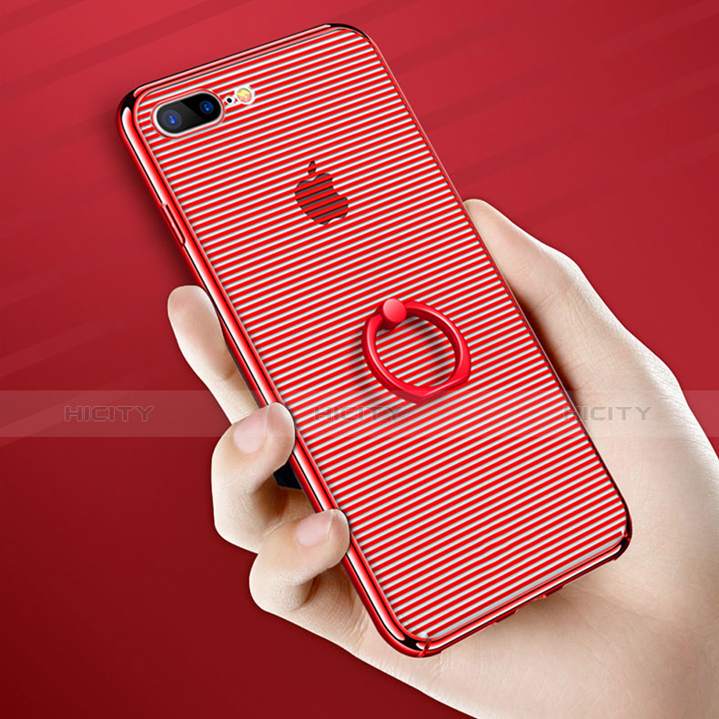 Funda Dura Plastico Rigida Transparente con Anillo de dedo Soporte para Apple iPhone 7 Plus Rojo