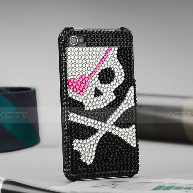 Funda Dura Rigida Lujo Diamante Brillante Craneo para Apple iPhone 4 Negro