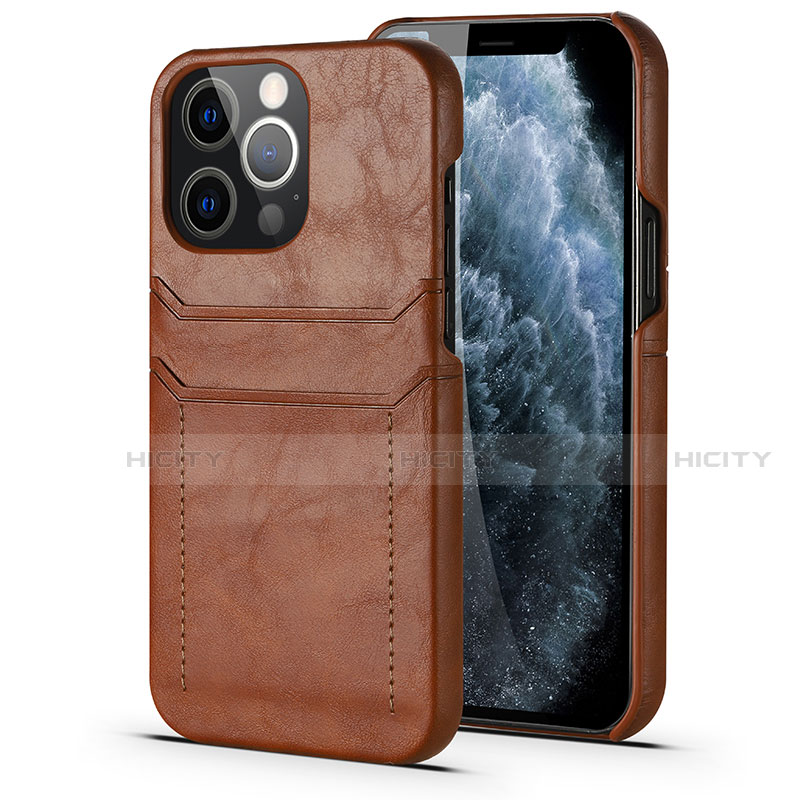 Funda Lujo Cuero Carcasa A14 para Apple iPhone 13 Pro Marron Claro