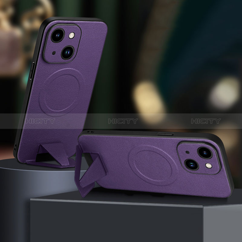 Funda Lujo Cuero Carcasa con Mag-Safe Magnetic LD1 para Apple iPhone 15 Morado