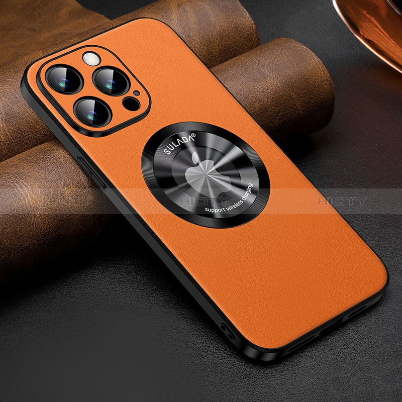 Funda Lujo Cuero Carcasa con Mag-Safe Magnetic LD2 para Apple iPhone 13 Pro Naranja