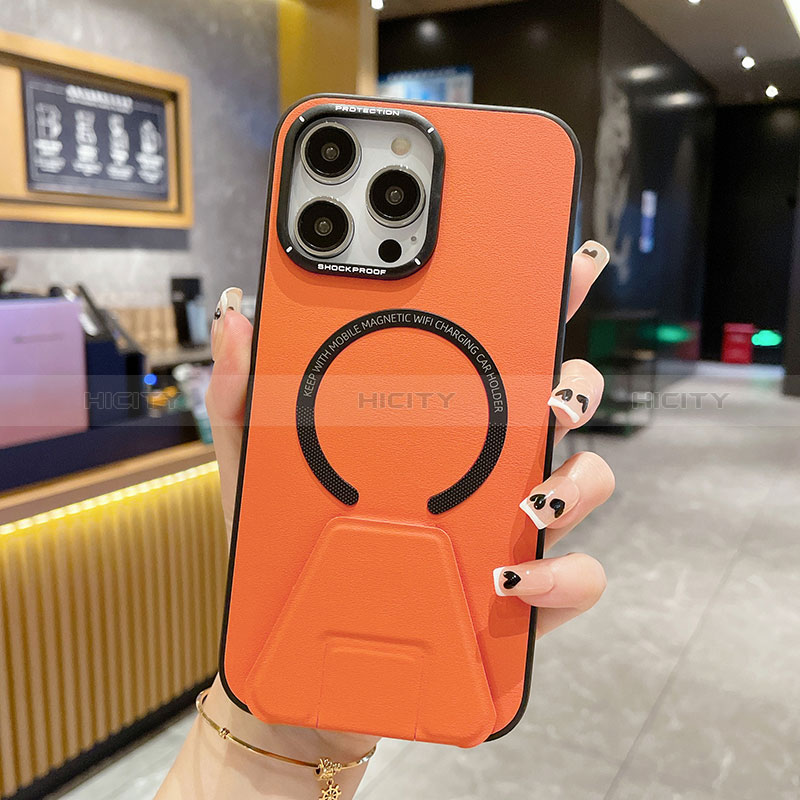 Funda Lujo Cuero Carcasa con Mag-Safe Magnetic QC2 para Apple iPhone 14 Pro Max Naranja