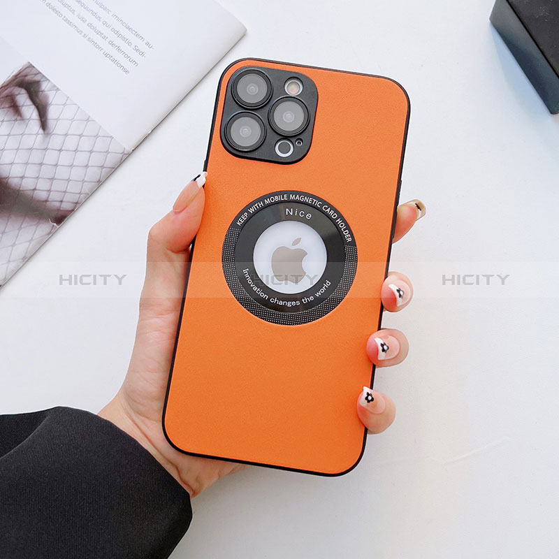 Funda Lujo Cuero Carcasa con Mag-Safe Magnetic QC3 para Apple iPhone 15 Pro Max Naranja