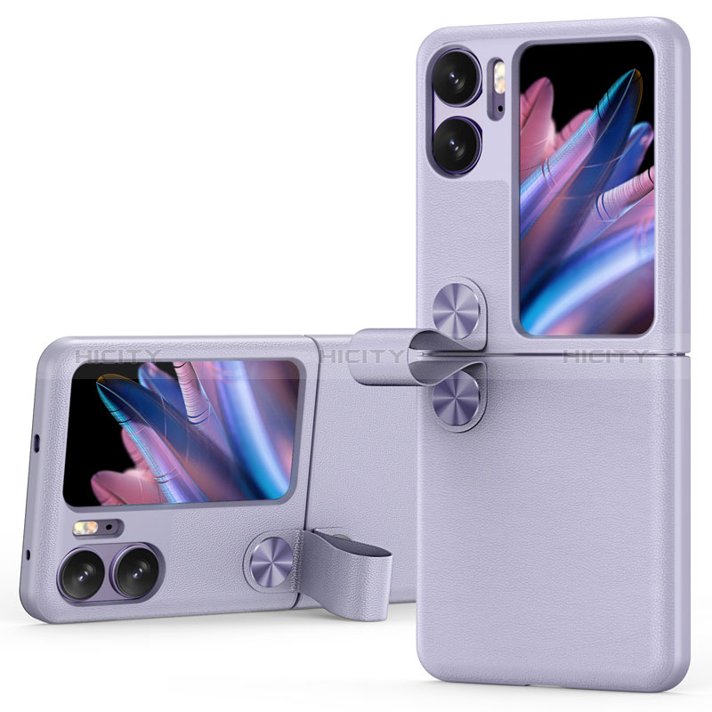 Funda Lujo Cuero Carcasa QK1 para Oppo Find N2 Flip 5G Morado