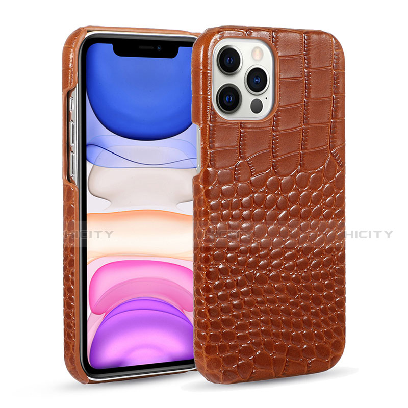 Funda Lujo Cuero Carcasa R03 para Apple iPhone 12 Pro Marron