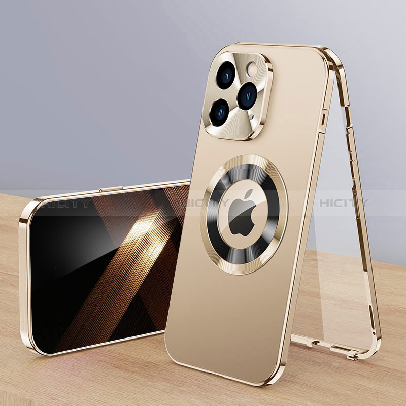 Funda Lujo Marco de Aluminio Carcasa 360 Grados con Mag-Safe Magnetic P01 para Apple iPhone 13 Pro Max Oro