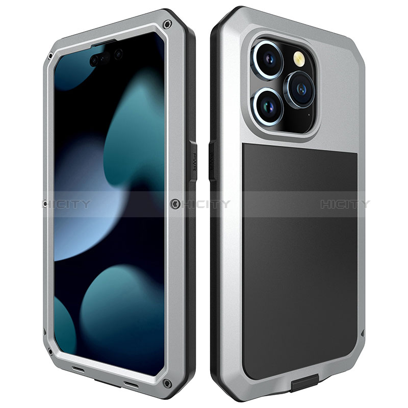 Funda Lujo Marco de Aluminio Carcasa 360 Grados HJ1 para Apple iPhone 13 Pro Plata