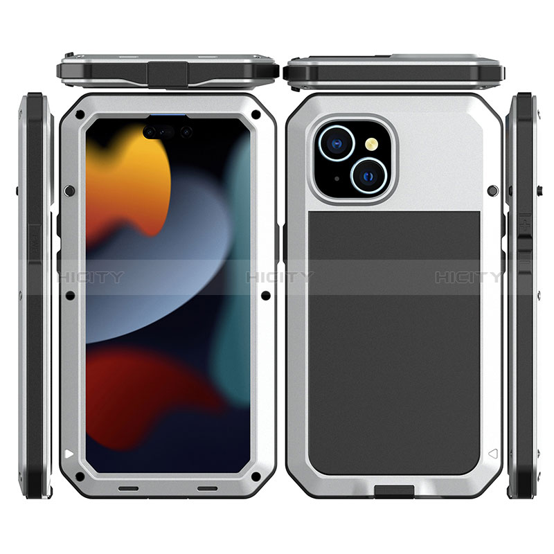 Funda Lujo Marco de Aluminio Carcasa 360 Grados HJ1 para Apple iPhone 14 Plata