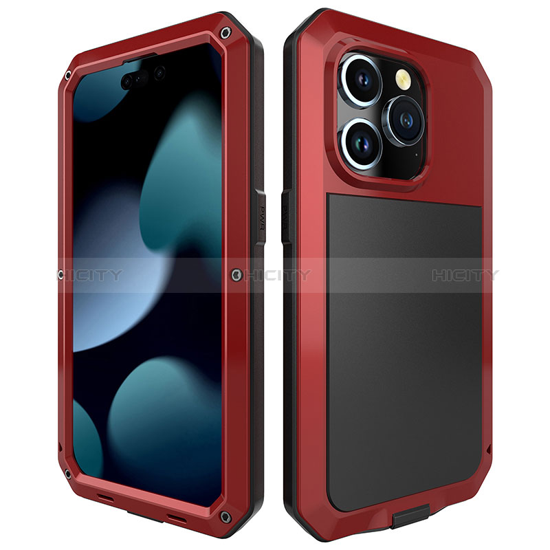 Funda Lujo Marco de Aluminio Carcasa 360 Grados HJ1 para Apple iPhone 15 Pro Max Rojo