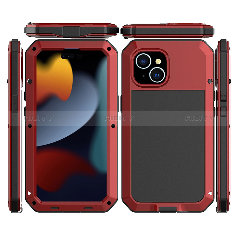 Funda Lujo Marco de Aluminio Carcasa 360 Grados HJ1 para Apple iPhone 15 Rojo