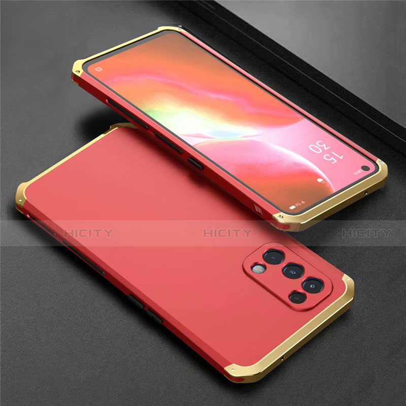 Funda Lujo Marco de Aluminio Carcasa 360 Grados M02 para Oppo Reno5 5G Oro y Rojo