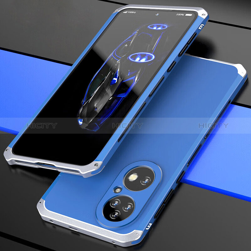 Funda Lujo Marco de Aluminio Carcasa 360 Grados P01 para Huawei P50 Plata y Azul