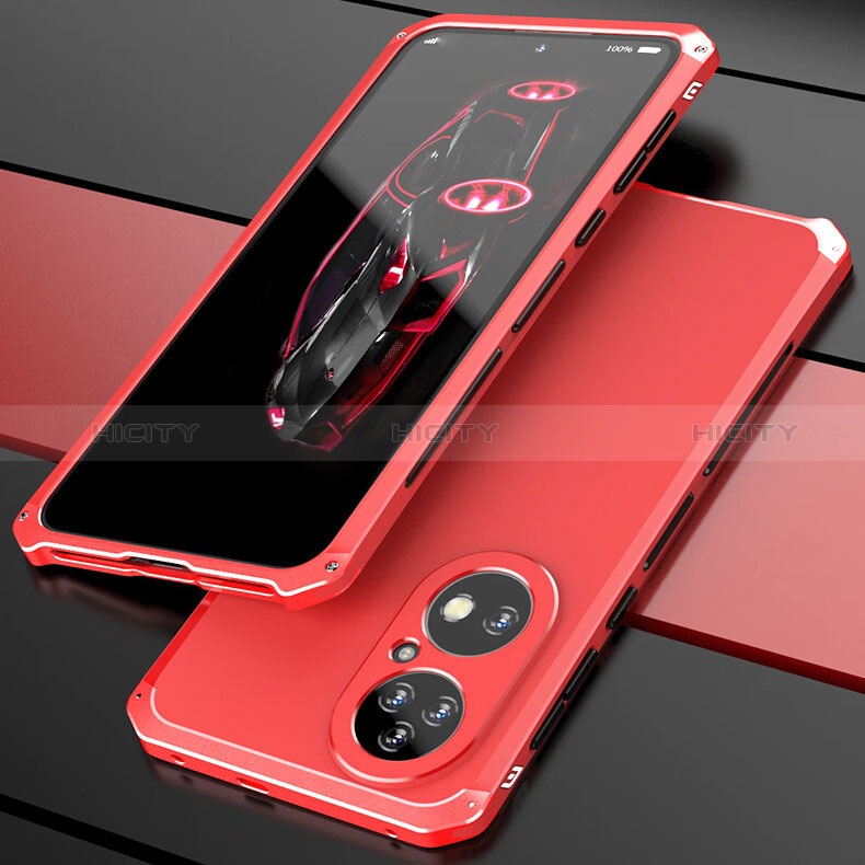 Funda Lujo Marco de Aluminio Carcasa 360 Grados P01 para Huawei P50 Pro Rojo