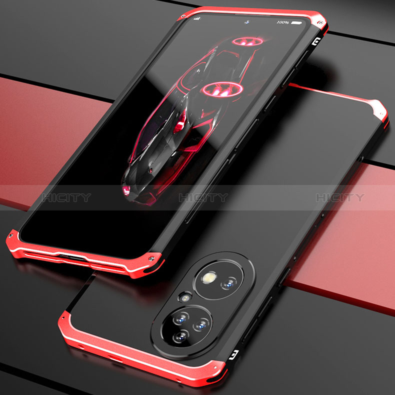 Funda Lujo Marco de Aluminio Carcasa 360 Grados P01 para Huawei P50 Pro Rojo y Negro