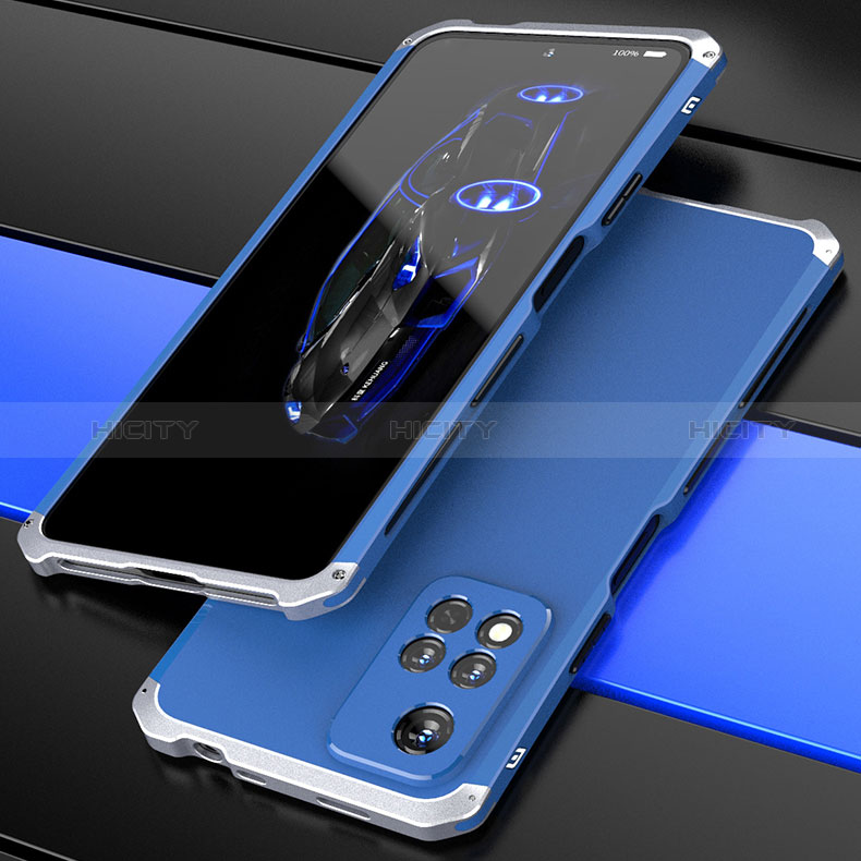 Funda Lujo Marco de Aluminio Carcasa 360 Grados P01 para Xiaomi Redmi Note 11 Pro+ Plus 5G Plata y Azul