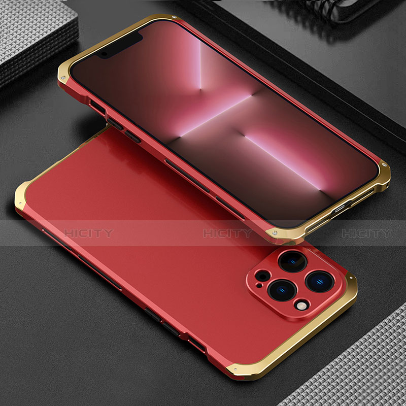 Funda Lujo Marco de Aluminio Carcasa 360 Grados para Apple iPhone 13 Pro Max Oro y Rojo