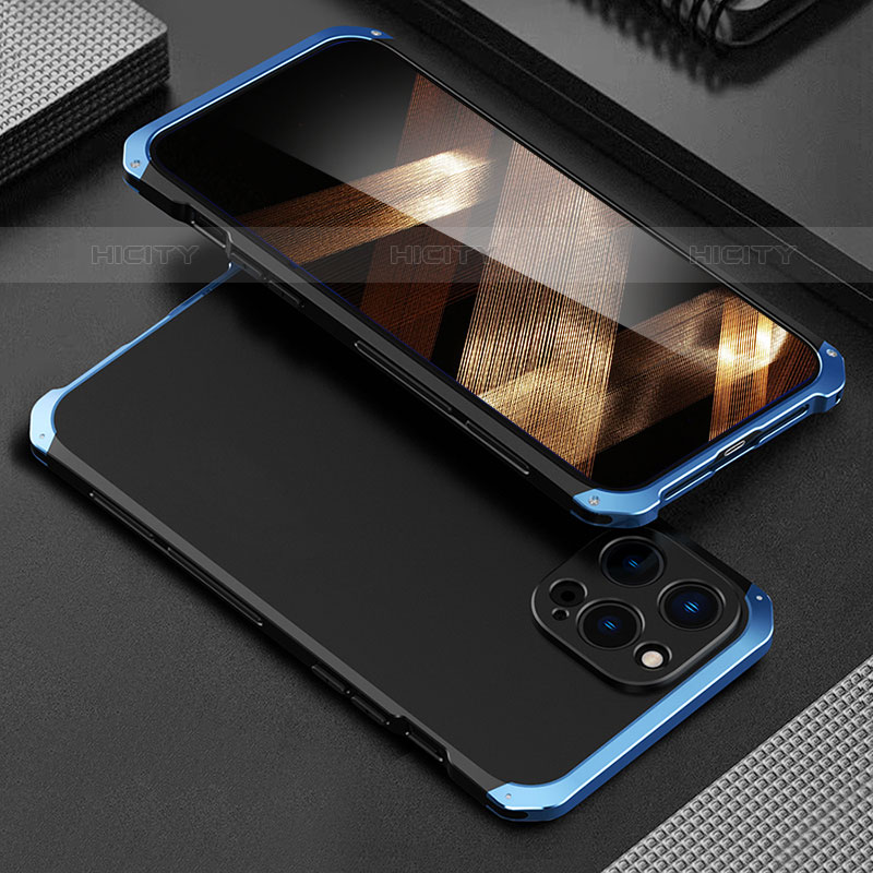 Funda Lujo Marco de Aluminio Carcasa 360 Grados para Apple iPhone 15 Pro Azul y Negro