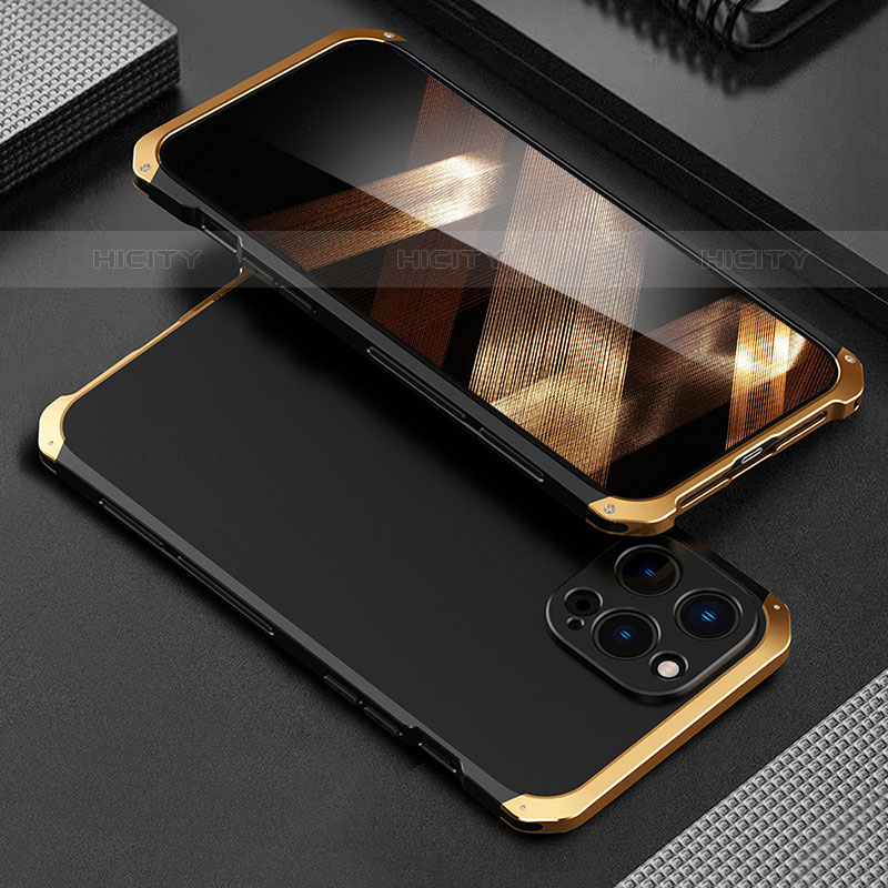 Funda Lujo Marco de Aluminio Carcasa 360 Grados para Apple iPhone 15 Pro Oro y Negro