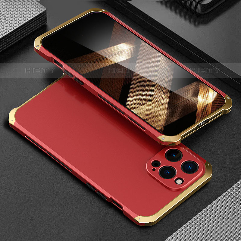 Funda Lujo Marco de Aluminio Carcasa 360 Grados para Apple iPhone 15 Pro Oro y Rojo