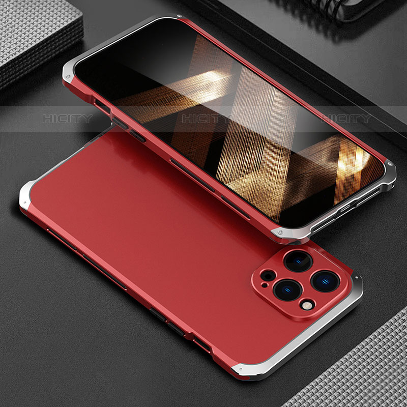 Funda Lujo Marco de Aluminio Carcasa 360 Grados para Apple iPhone 15 Pro Plata y Rojo