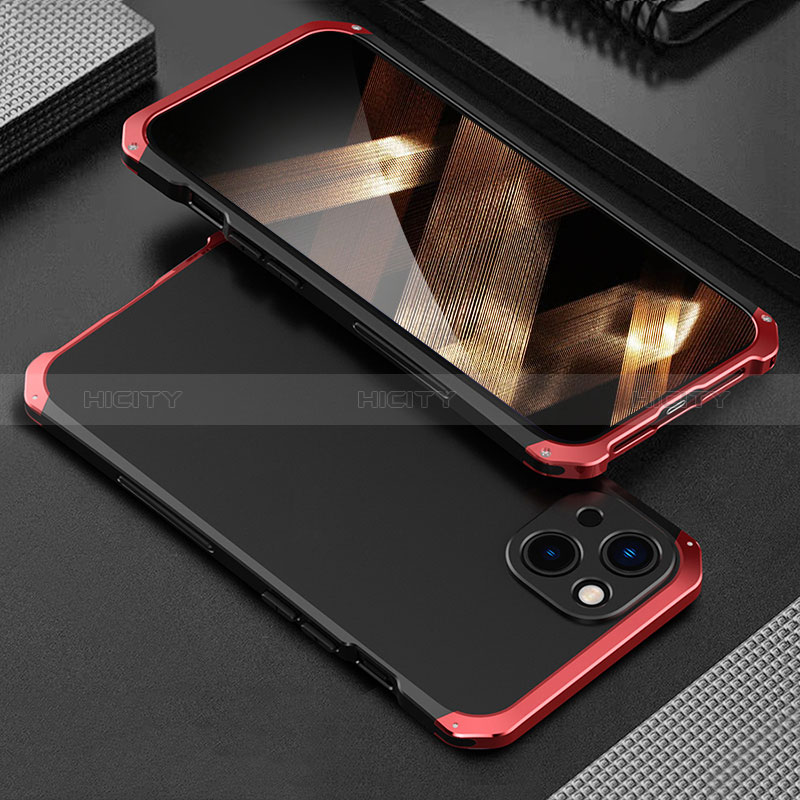 Funda Lujo Marco de Aluminio Carcasa 360 Grados para Apple iPhone 15 Rojo y Negro