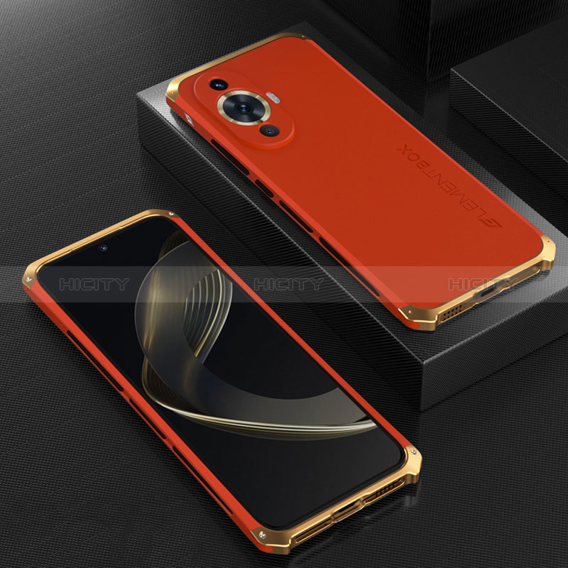 Funda Lujo Marco de Aluminio Carcasa 360 Grados para Huawei Nova 11 Oro y Rojo