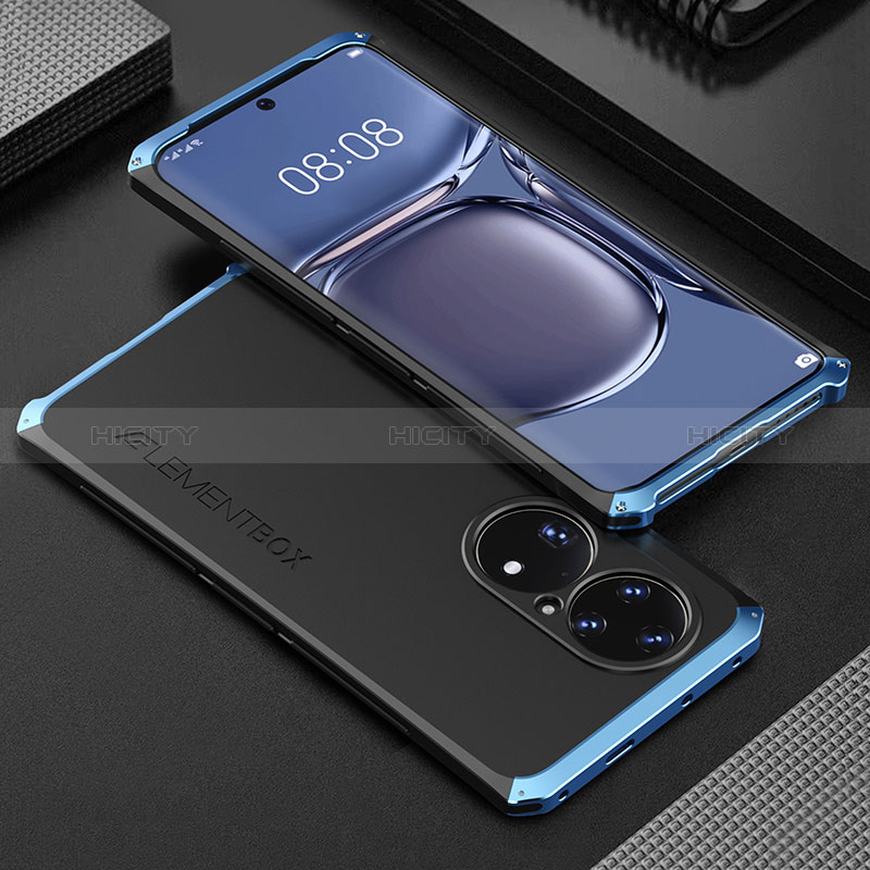 Funda Lujo Marco de Aluminio Carcasa 360 Grados para Huawei P50 Pro Azul y Negro