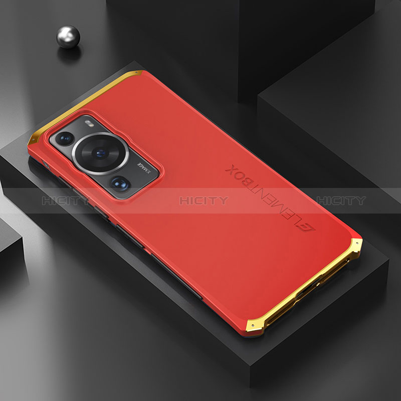 Funda Lujo Marco de Aluminio Carcasa 360 Grados para Huawei P60 Oro y Rojo