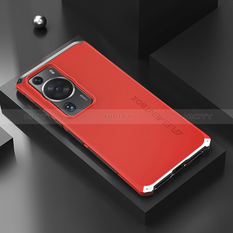 Funda Lujo Marco de Aluminio Carcasa 360 Grados para Huawei P60 Plata y Rojo