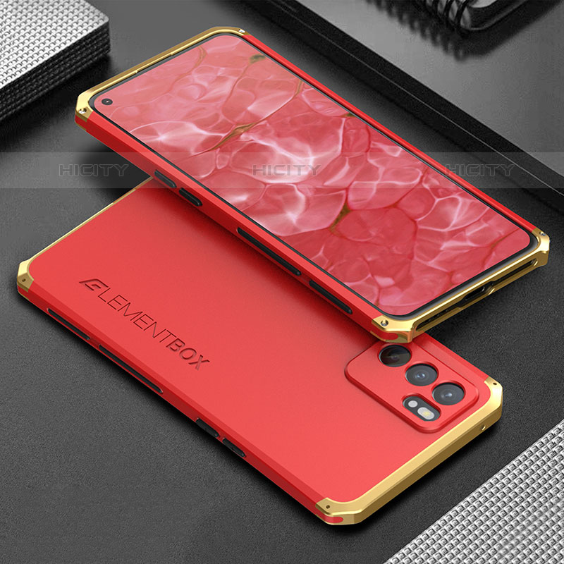 Funda Lujo Marco de Aluminio Carcasa 360 Grados para Oppo Reno6 5G Oro y Rojo