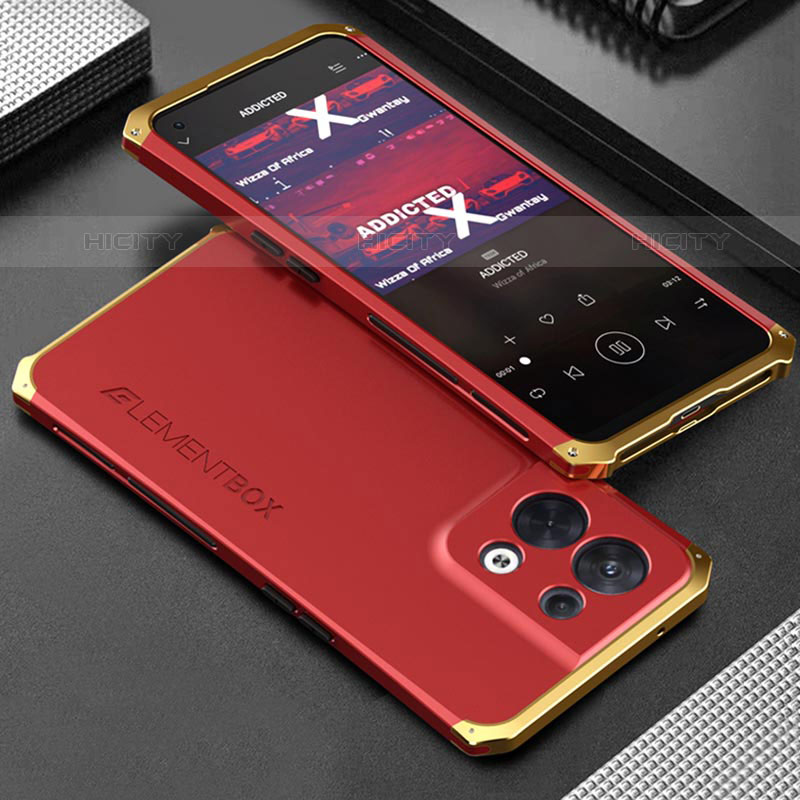 Funda Lujo Marco de Aluminio Carcasa 360 Grados para Oppo Reno8 5G Oro y Rojo