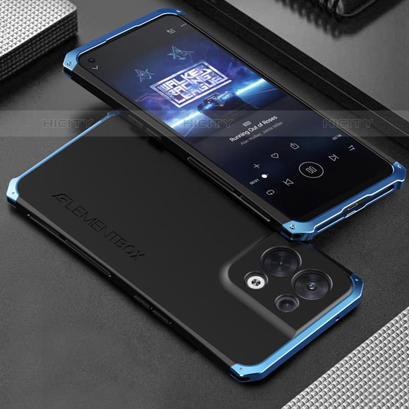 Funda Lujo Marco de Aluminio Carcasa 360 Grados para Oppo Reno9 Pro 5G Azul y Negro