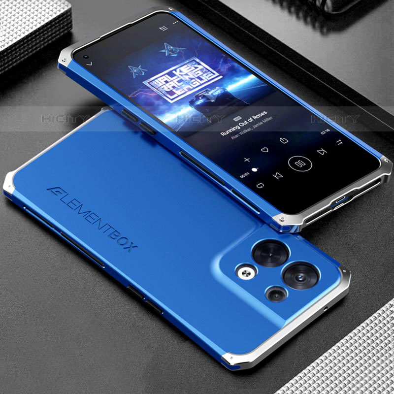 Funda Lujo Marco de Aluminio Carcasa 360 Grados para Oppo Reno9 Pro 5G Plata y Azul