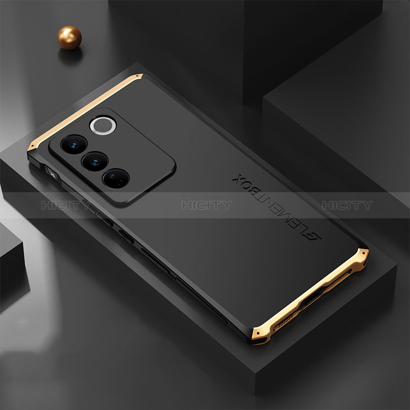 Funda Lujo Marco de Aluminio Carcasa 360 Grados para Vivo V27 5G Oro y Negro