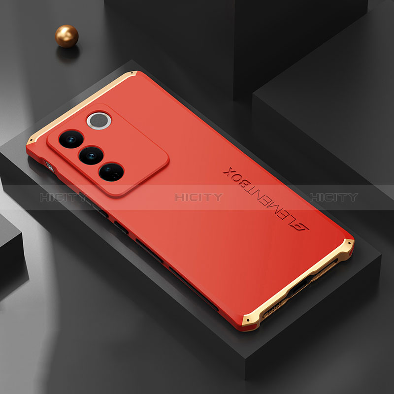 Funda Lujo Marco de Aluminio Carcasa 360 Grados para Vivo V27 5G Oro y Rojo