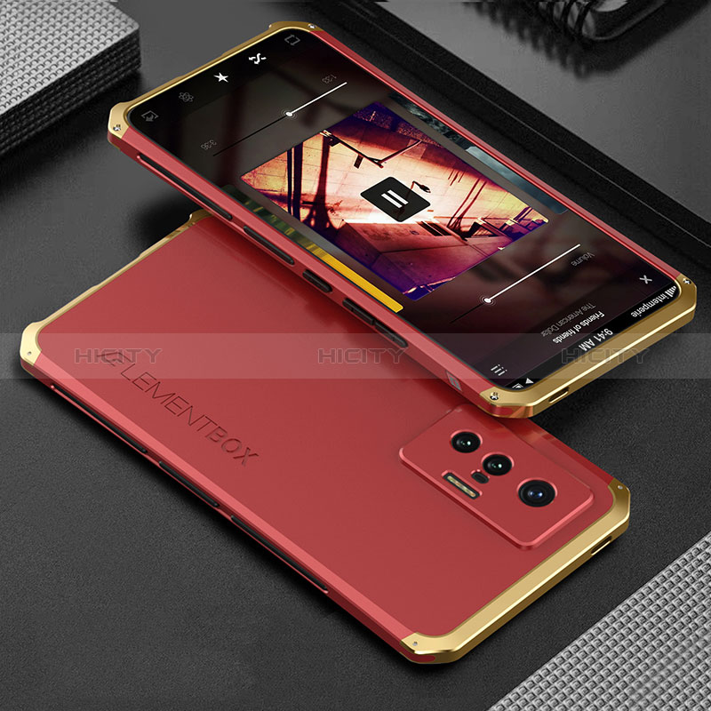 Funda Lujo Marco de Aluminio Carcasa 360 Grados para Vivo X70t Oro y Rojo