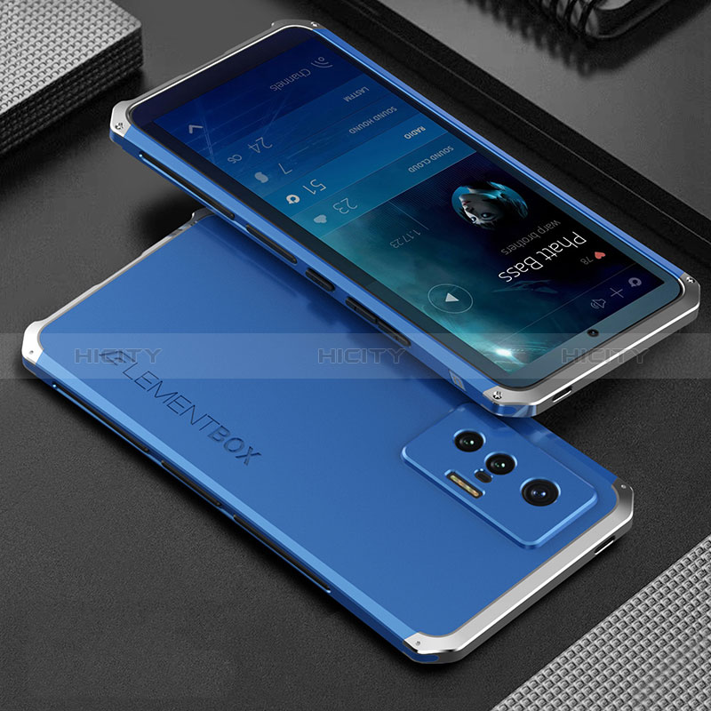 Funda Lujo Marco de Aluminio Carcasa 360 Grados para Vivo X70t Plata y Azul