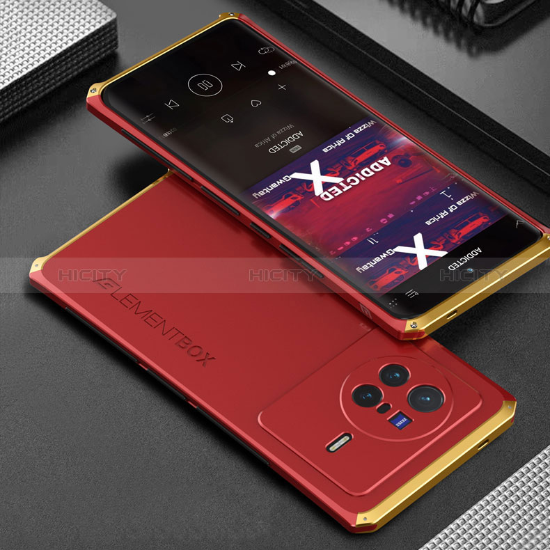 Funda Lujo Marco de Aluminio Carcasa 360 Grados para Vivo X80 5G Oro y Rojo