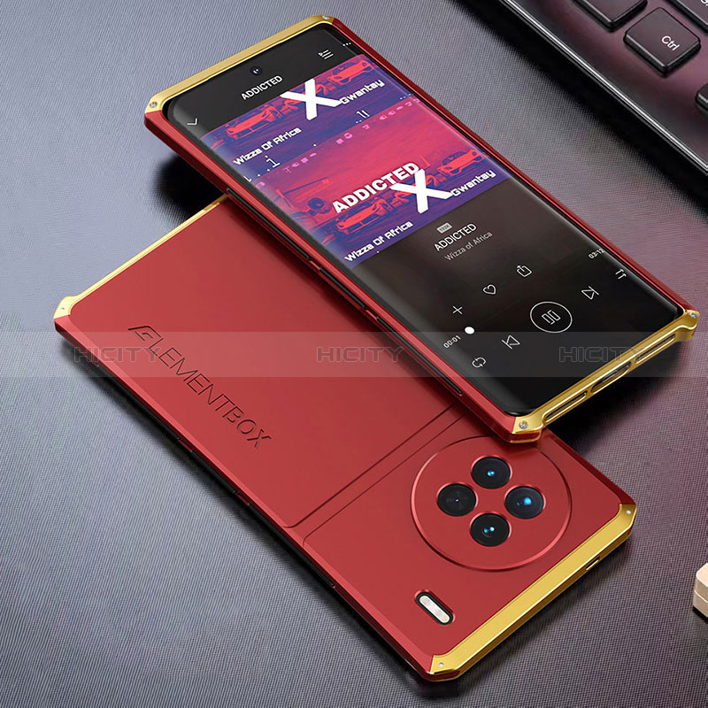 Funda Lujo Marco de Aluminio Carcasa 360 Grados para Vivo X90 5G Oro y Rojo