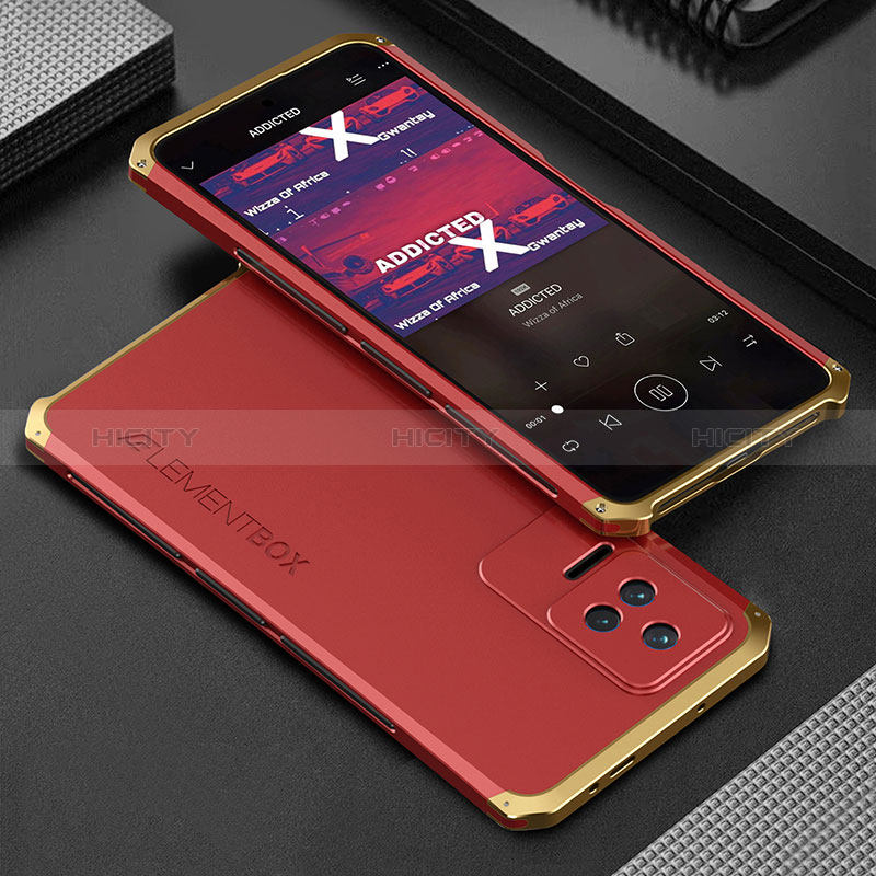 Funda Lujo Marco de Aluminio Carcasa 360 Grados para Xiaomi Poco F4 5G Oro y Rojo