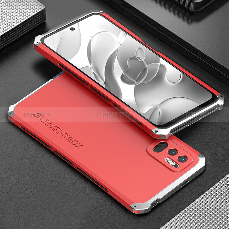 Funda Lujo Marco de Aluminio Carcasa 360 Grados para Xiaomi Redmi Note 10 JE 5G Plata y Rojo