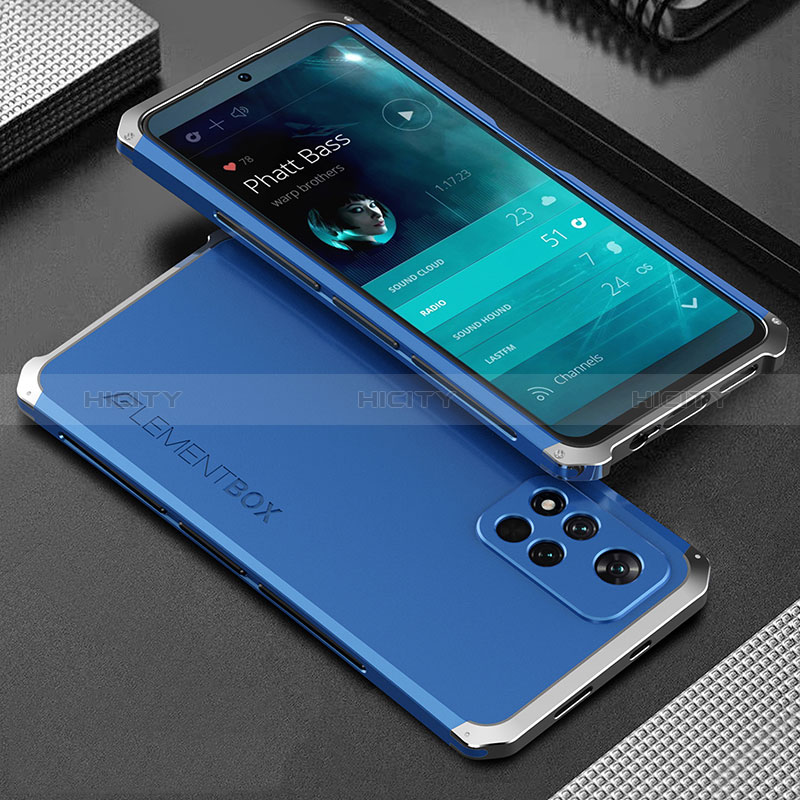 Funda Lujo Marco de Aluminio Carcasa 360 Grados para Xiaomi Redmi Note 11 Pro+ Plus 5G Plata y Azul