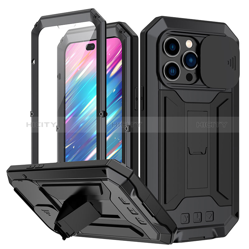 Funda Lujo Marco de Aluminio Carcasa 360 Grados RJ1 para Apple iPhone 16 Pro Max Negro