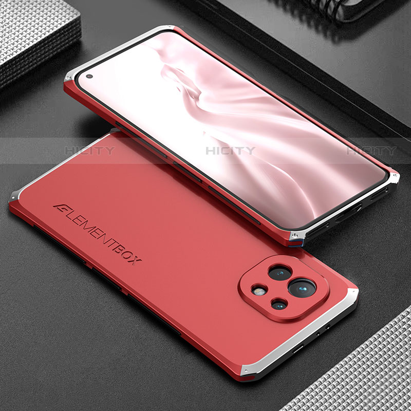 Funda Lujo Marco de Aluminio Carcasa T01 para Xiaomi Mi 11 5G Plata y Rojo
