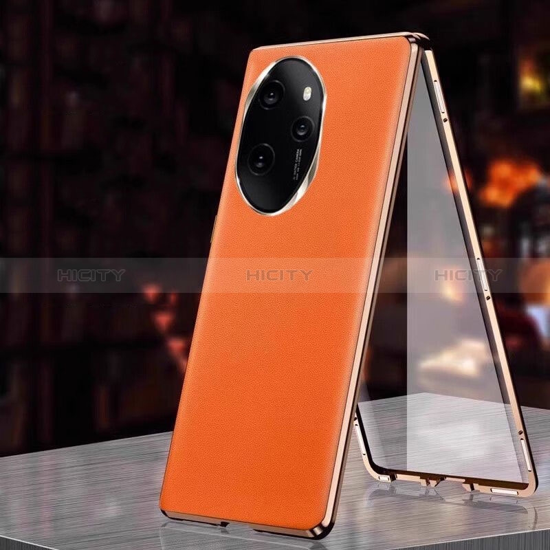 Funda Lujo Marco de Aluminio y Cuero Carcasa 360 Grados P01 para Huawei Honor 100 Pro 5G Naranja