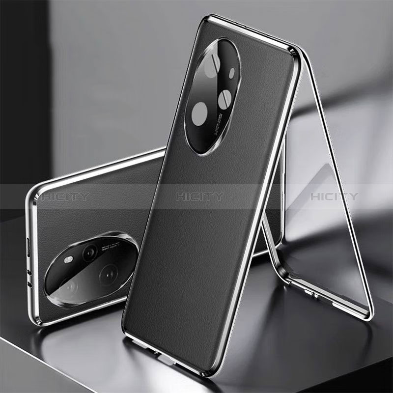 Funda Lujo Marco de Aluminio y Cuero Carcasa 360 Grados P01 para Huawei Honor 100 Pro 5G Negro