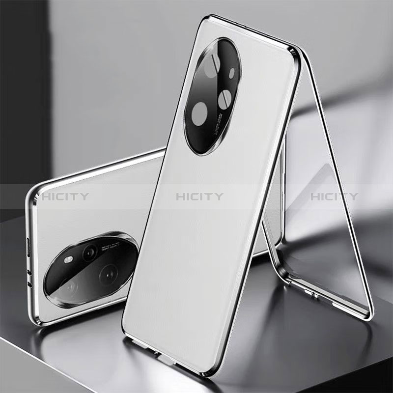 Funda Lujo Marco de Aluminio y Cuero Carcasa 360 Grados P01 para Huawei Honor 100 Pro 5G Plata