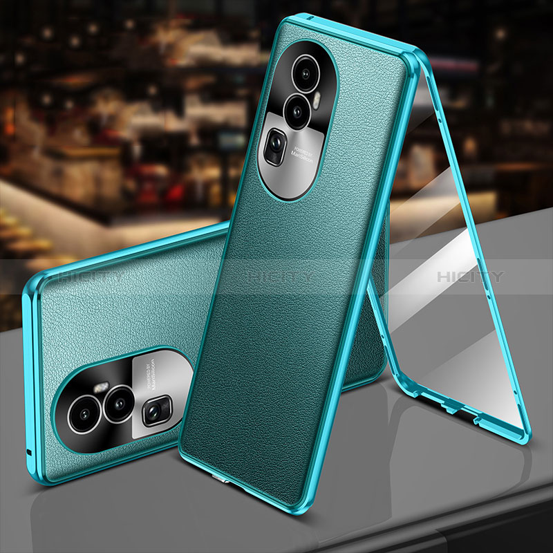 Funda Lujo Marco de Aluminio y Cuero Carcasa 360 Grados P01 para Oppo Reno10 Pro+ Plus 5G Verde