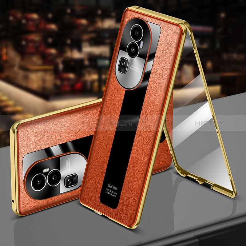 Funda Lujo Marco de Aluminio y Cuero Carcasa 360 Grados P02 para Oppo Reno10 Pro+ Plus 5G Naranja