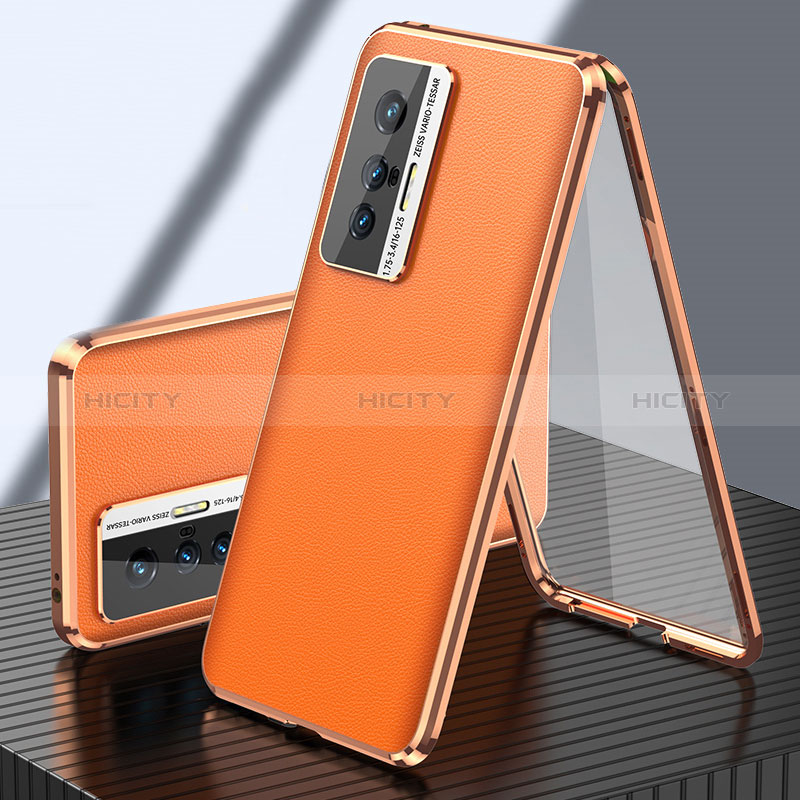 Funda Lujo Marco de Aluminio y Cuero Carcasa 360 Grados para Vivo X70 5G Naranja